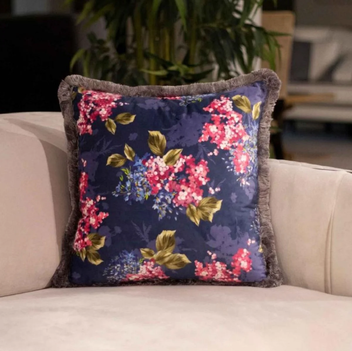 Luxury decorative cushion floral design multicolored / gray 45 x 45 cm - printed velvet cushion with fringes - decorative accessories