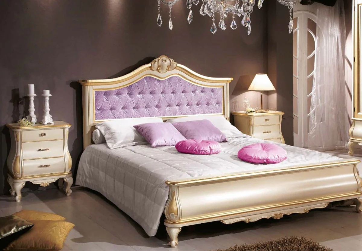 Luxury Baroque double bed purple / cream / gold - Magnificent solid wood bed in Baroque style - Baroque bedroom & hotel furniture - Luxury quality - Made in Italy