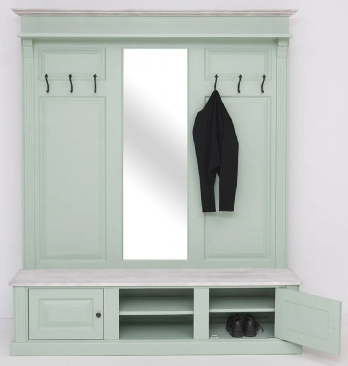 Country house style wardrobe mint green / gray 180 x 41 x H. 210 cm - solid wood wardrobe with mirror - solid wood wardrobe furniture - country house style wardrobe furniture