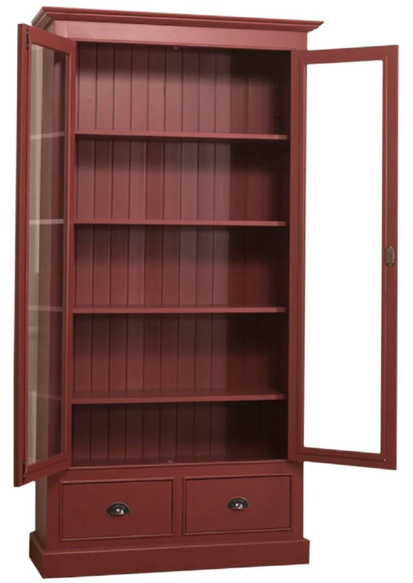 Country house style living room display cabinet Bordeaux red 109 x 39 x H. 210 cm - living room cabinet with 2 glass doors and 2 drawers