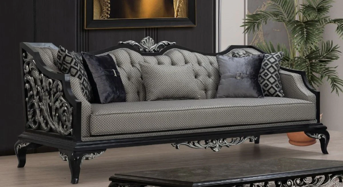 Luxury Baroque Living Room Set Silver / Black - 2 Sofas & 2 Armchairs & 1 Coffee Table - Handmade Baroque Living Room Furniture - Noble & Magnificent