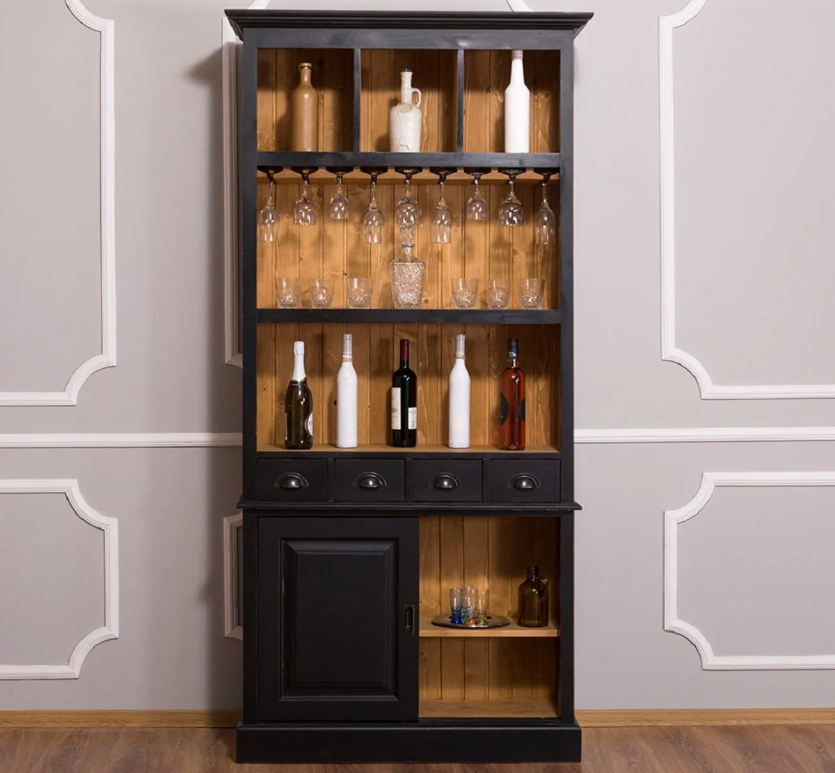 Country house style wine cabinet black / natural color 103 x 36 x H. 210 cm - bar cabinet in country house style