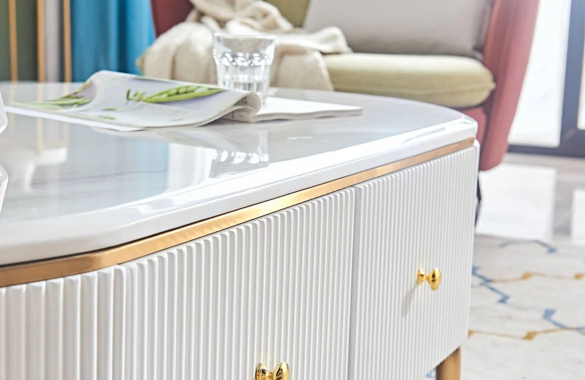 Luxury coffee table white / brass / gold 130 x 70 x H. 42 cm - Modern living room table with 4 drawers - Modern living room furniture