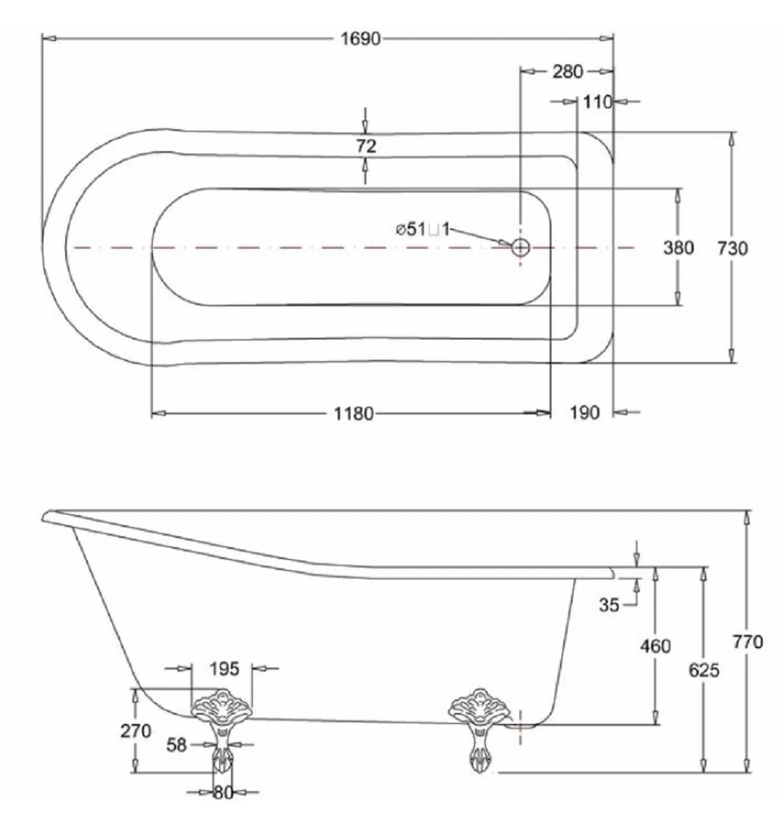 Luxury Art Nouveau bathtub white / black 169 x 73 x H. 77 cm - Freestanding retro acrylic bathtub - Nostalgic retro bathroom furniture
