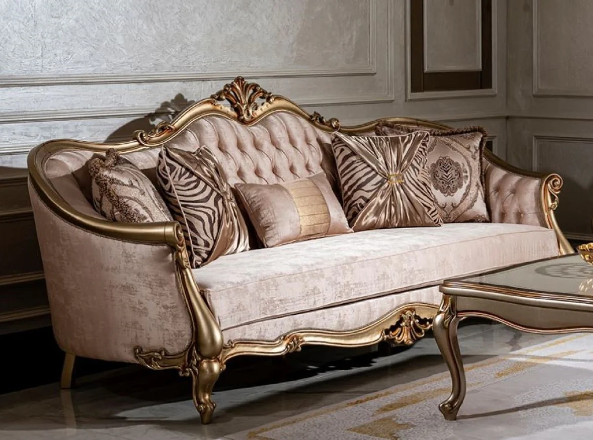 Luxury Baroque Living Room Set Pink / Gold - 2 Sofas & 2 Armchairs & 1 Coffee Table - Handmade Living Room Furniture in Baroque Style - Noble & Magnificent