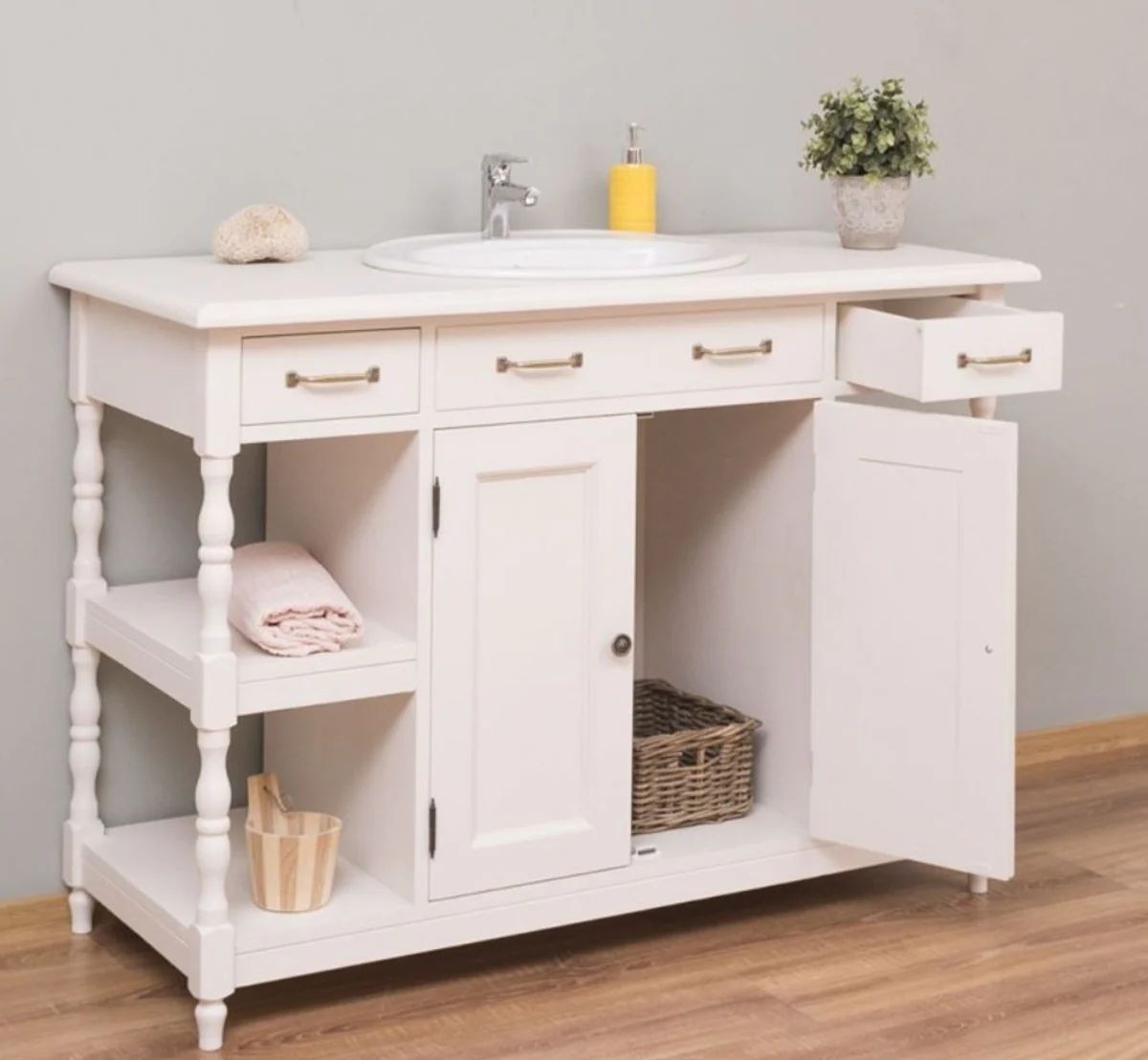 Country house style washbasin white 128 x 54 x H. 91 cm - solid wood wash basin cabinet - country house style bathroom furniture