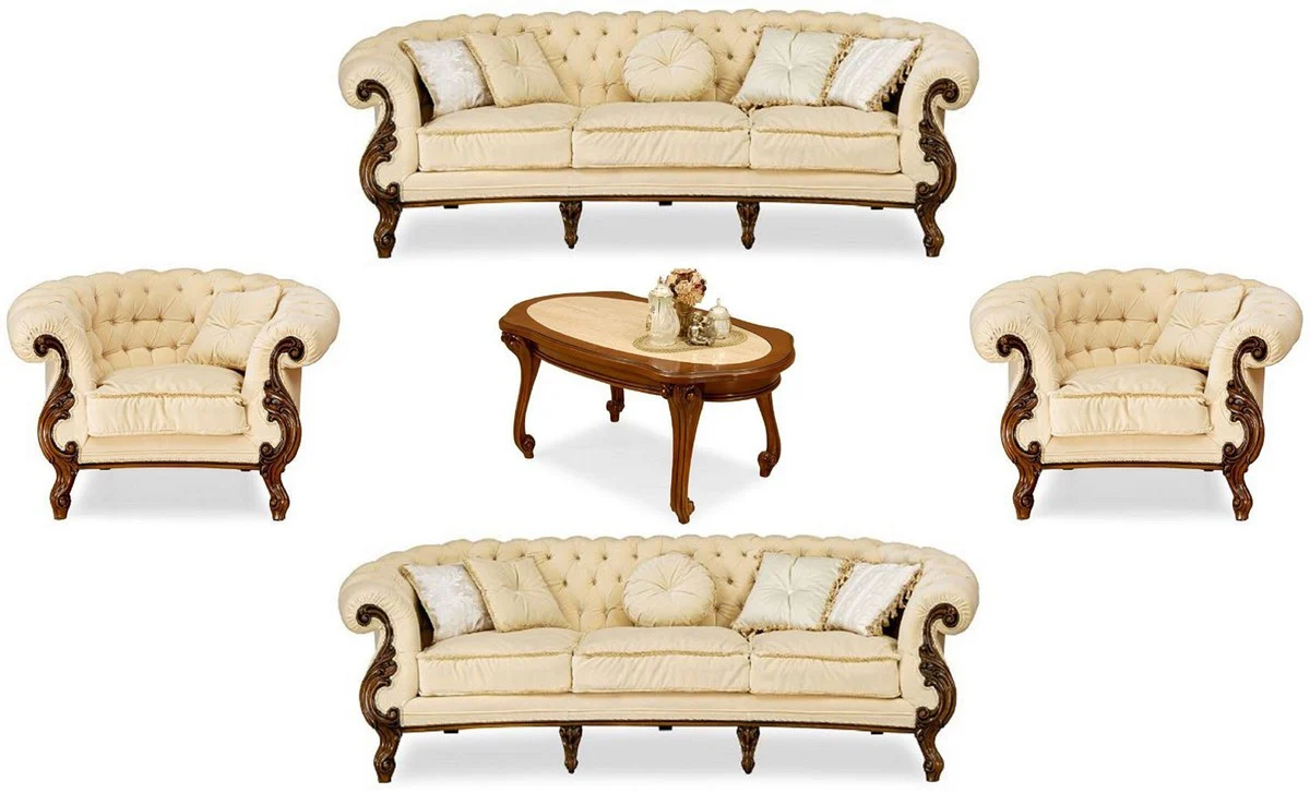 Luxury Baroque Living Room Set Cream / Brown - 2 Baroque Sofas & 2 Baroque Armchairs & 1 Baroque Coffee Table - Luxury Living Room Furniture in Baroque Style - Noble & Magnificent