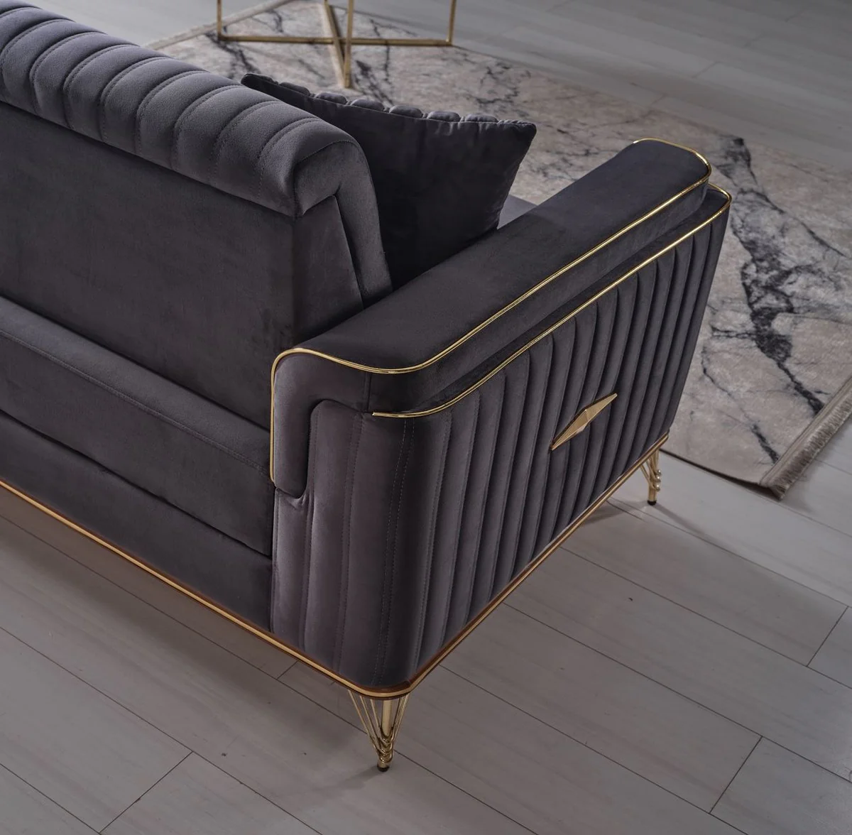 Luxury sofa bed dark gray / brown / gold 228 x 94 x H. 88 cm - living room sofa with 3 cushions - luxury living room furniture