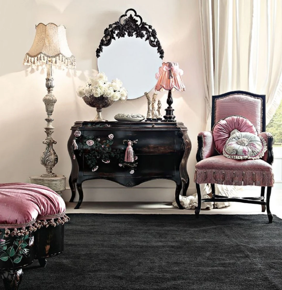 Luxury Baroque chest of drawers with mirror black / multicolored / pink - Baroque mirror chest of drawers - Magnificent Baroque furniture - Hotel furniture - Castle furniture - First class quality - Made in Italy
