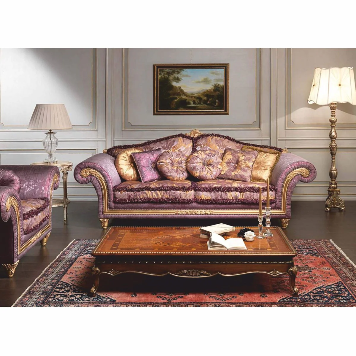 Luxus Barock Hotel & Wohnzimmer Sofa Lila / Gold 260 cm - Made in Italy
