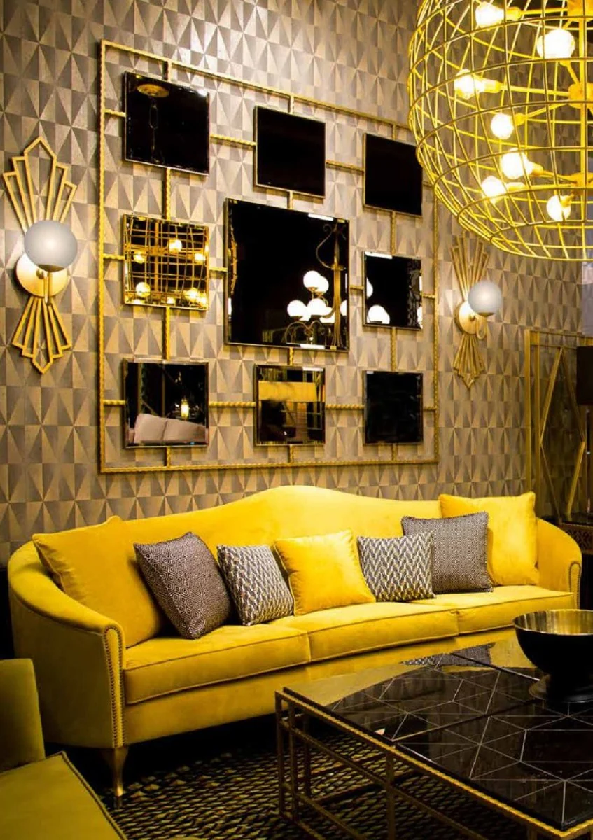 Luxury Baroque velvet sofa yellow / gold 280 x 90 x H. 100 cm - Noble living room sofa with decorative pillows - Baroque living room furniture - Luxury quality