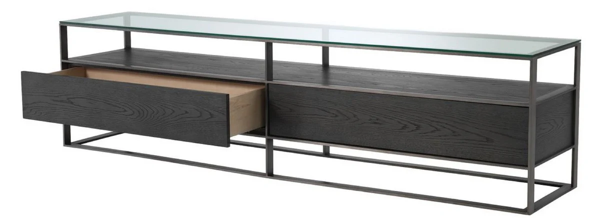 Luxury TV cabinet gray / black 220 x 46 x H. 56.5 cm - Sideboard with glass top and 2 drawers - Luxury living room furniture