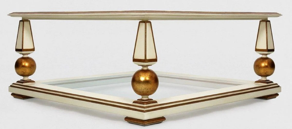 Luxury baroque coffee table white / antique gold 113 x 113 x H. 47 cm - magnificent solid wood living room table with glass tops - baroque living room furniture