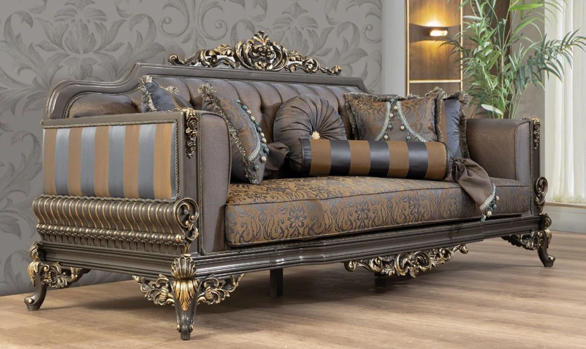 Luxury Baroque Living Room Set Blue / Gray / Gold - 2 Sofas & 2 Armchairs & 1 Coffee Table - Magnificent Baroque Living Room Furniture