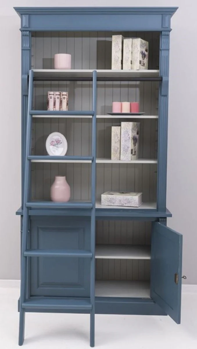 Country house style bookcase with ladder blue / gray 120 x 51 x H. 228 cm - solid wood cabinet - shelf cabinet - living room cabinet - office cabinet - country house style furniture