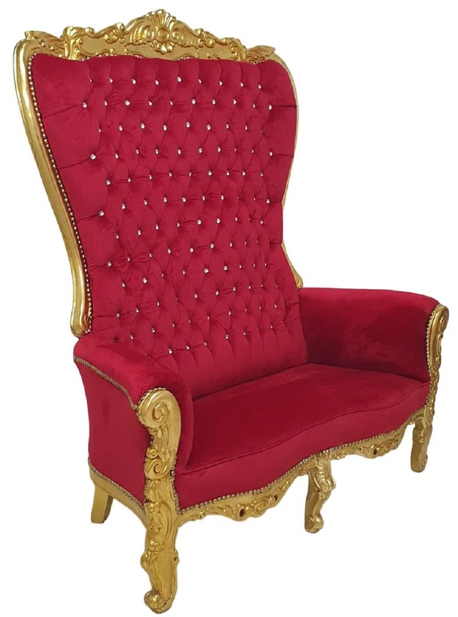 Baroque high-back 2-seater sofa burgundy red / gold - magnificent baroque style sofa with glittering stones - living room furniture in baroque style - baroque furniture - noble & magnificent