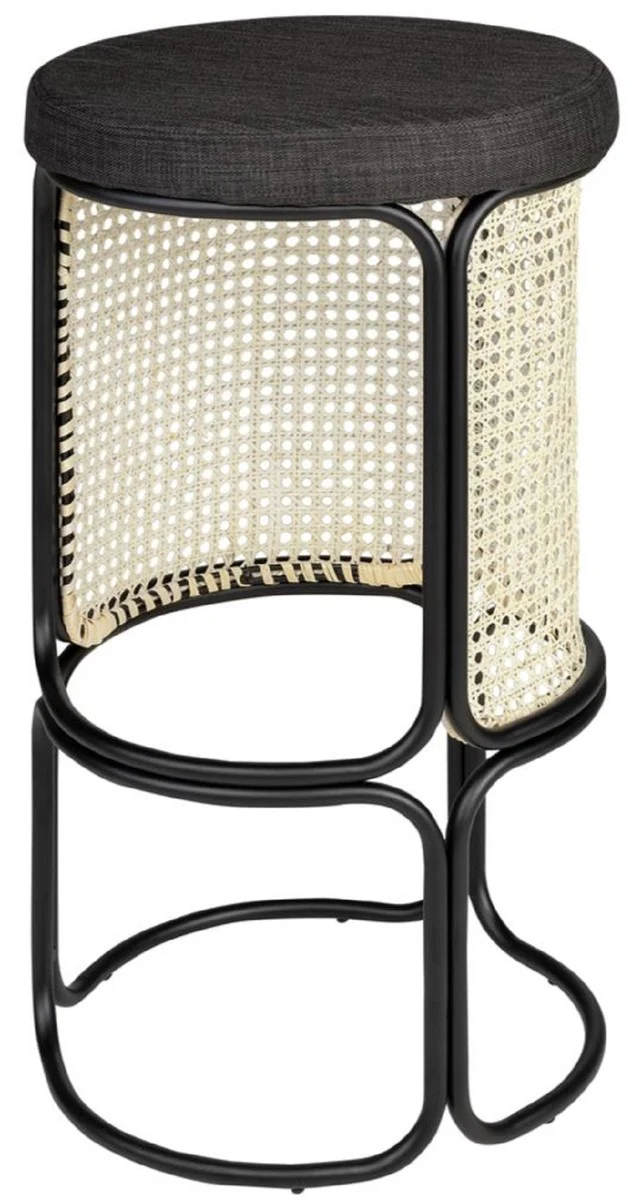 Designer bar stool black / natural color Ø 40.5 x H. 75.5 cm - Round padded bar chair with elegant rattan weave and powder-coated steel frame