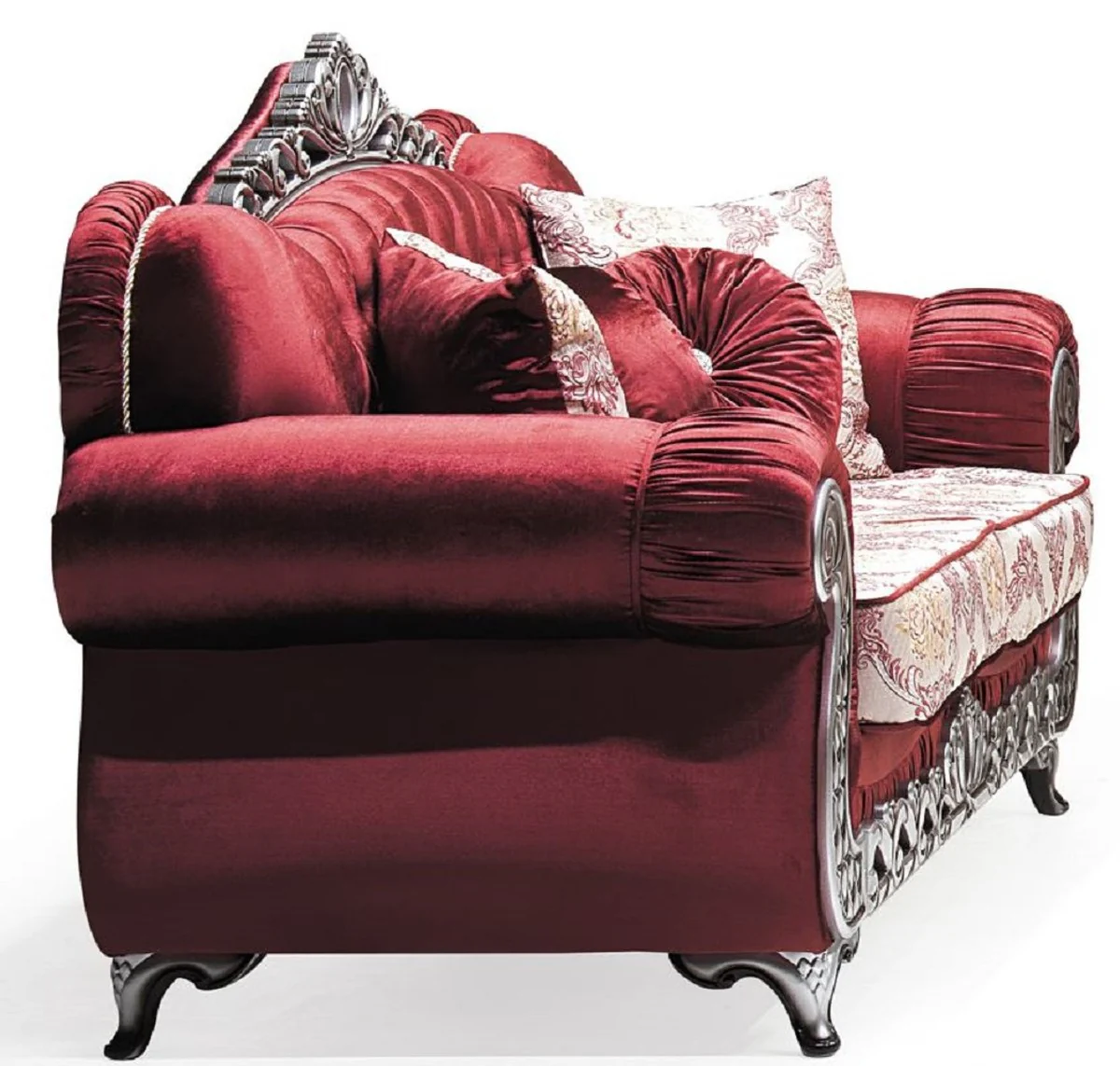 Luxury Baroque Sofa Bordeaux Red / Cream / Silver - Magnificent Living Room Sofa with Elegant Pattern and Glitter Stones - Living Room Furniture in Baroque Style - Baroque Furniture - Noble & Magnificent