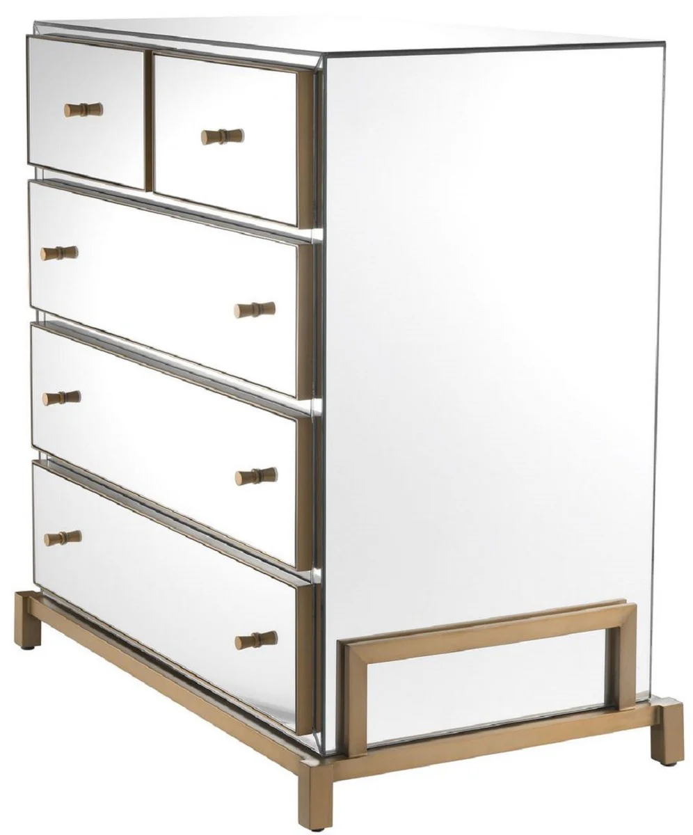 Luxury mirror glass chest of drawers with 5 drawers brass colored 88.5 x 52 x H. 87.5 cm - Mirrored bedroom cabinet - Bedroom furniture