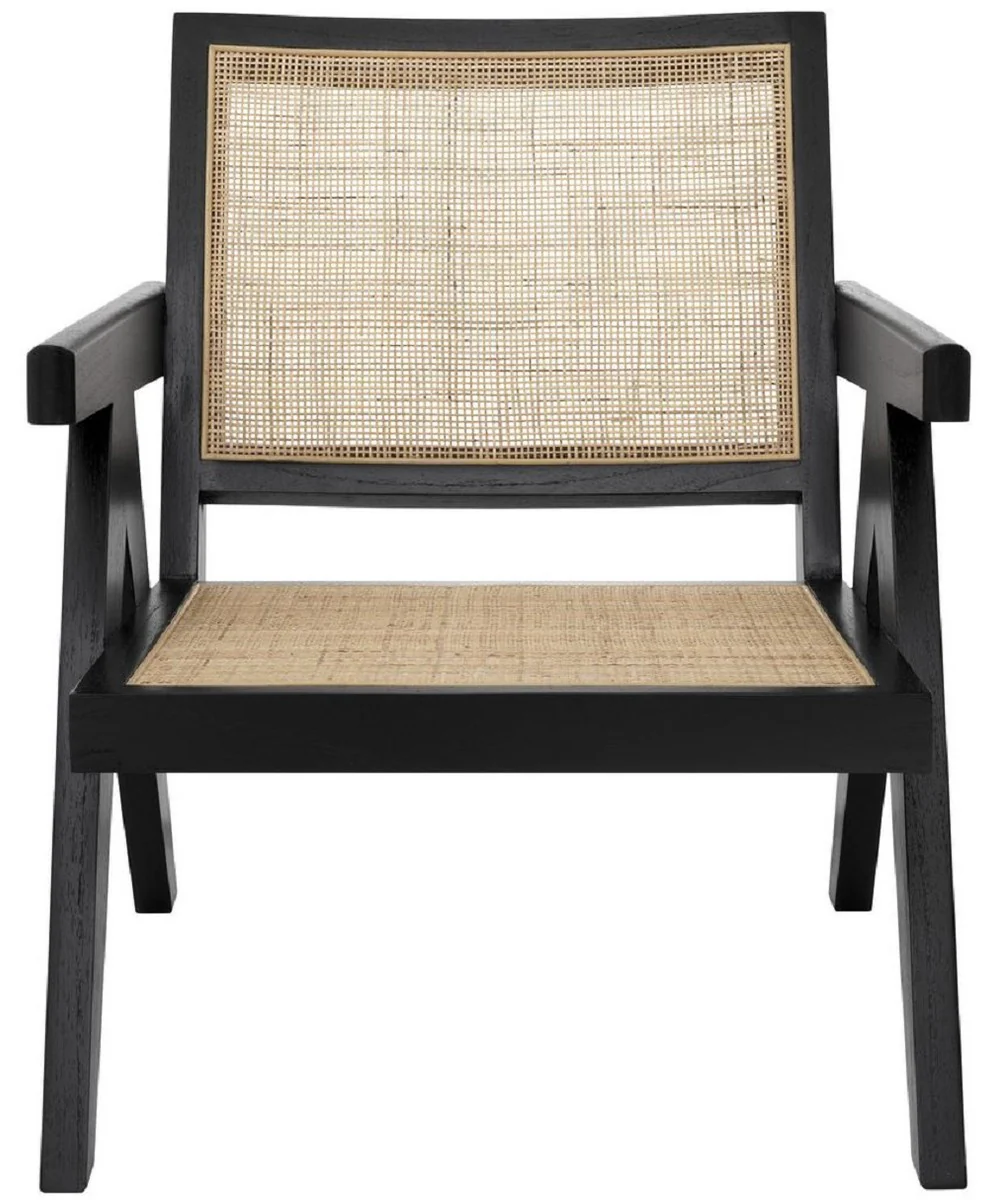 Designer chair black / natural colors 58 x 82 x H. 70 cm - solid wood chair with armrests and hand-woven rattan weave - luxury living room furniture