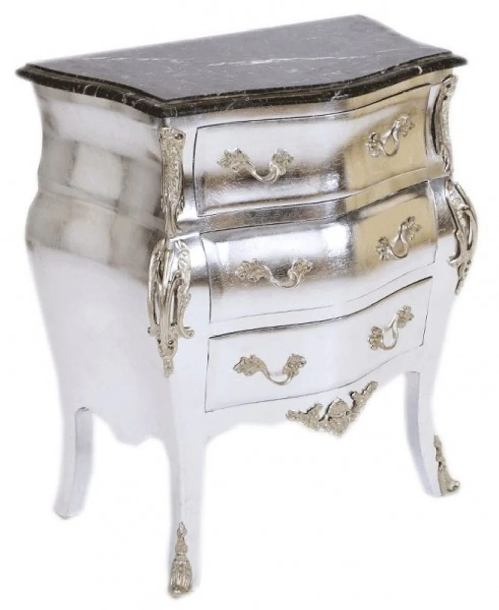 Baroque chest of drawers silver with marble top 65 x 40 x H 75 cm - bedside table console