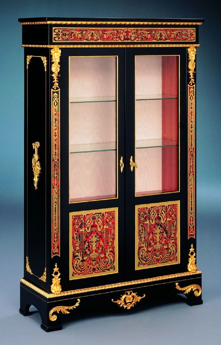 Luxury Baroque Boulle display cabinet black / red / gold 93 x 35 x H. 152 cm - Handcrafted solid wood display cabinet with 2 doors - Noble baroque furniture