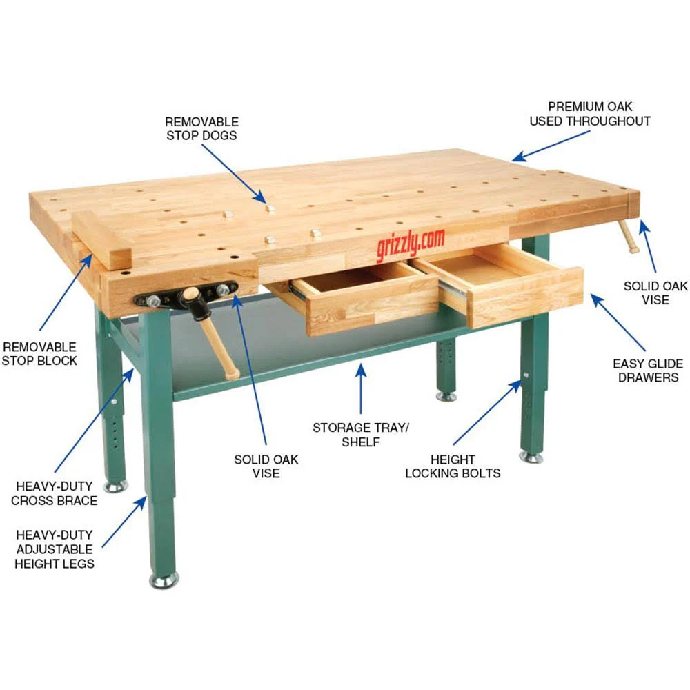 Grizzly Industrial T10157 - Heavy-Duty Oak Workbench with Steel Legs
