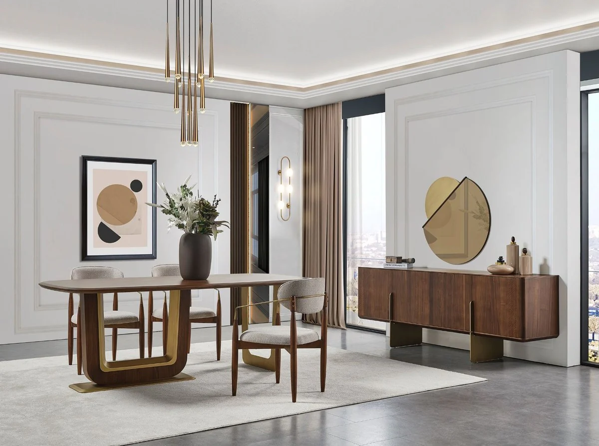 Luxury dining room chair set of 6 with armrests gray / brown / brass 69 x 52 x H. 90 cm - Dining room furniture - Restaurant furniture - Dining room furnishings - Luxury furniture - Luxury furnishings