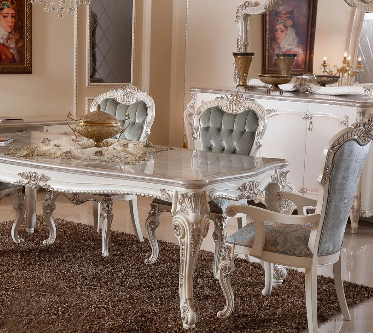 Luxury Baroque Dining Room Set Green / Silver / White