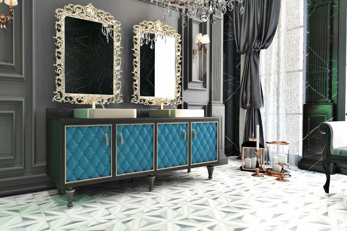Luxury baroque bathroom set black / blue / gold - 1 washbasin with 4 doors and 2 washbasins and 2 wall mirrors - Magnificent bathroom furniture