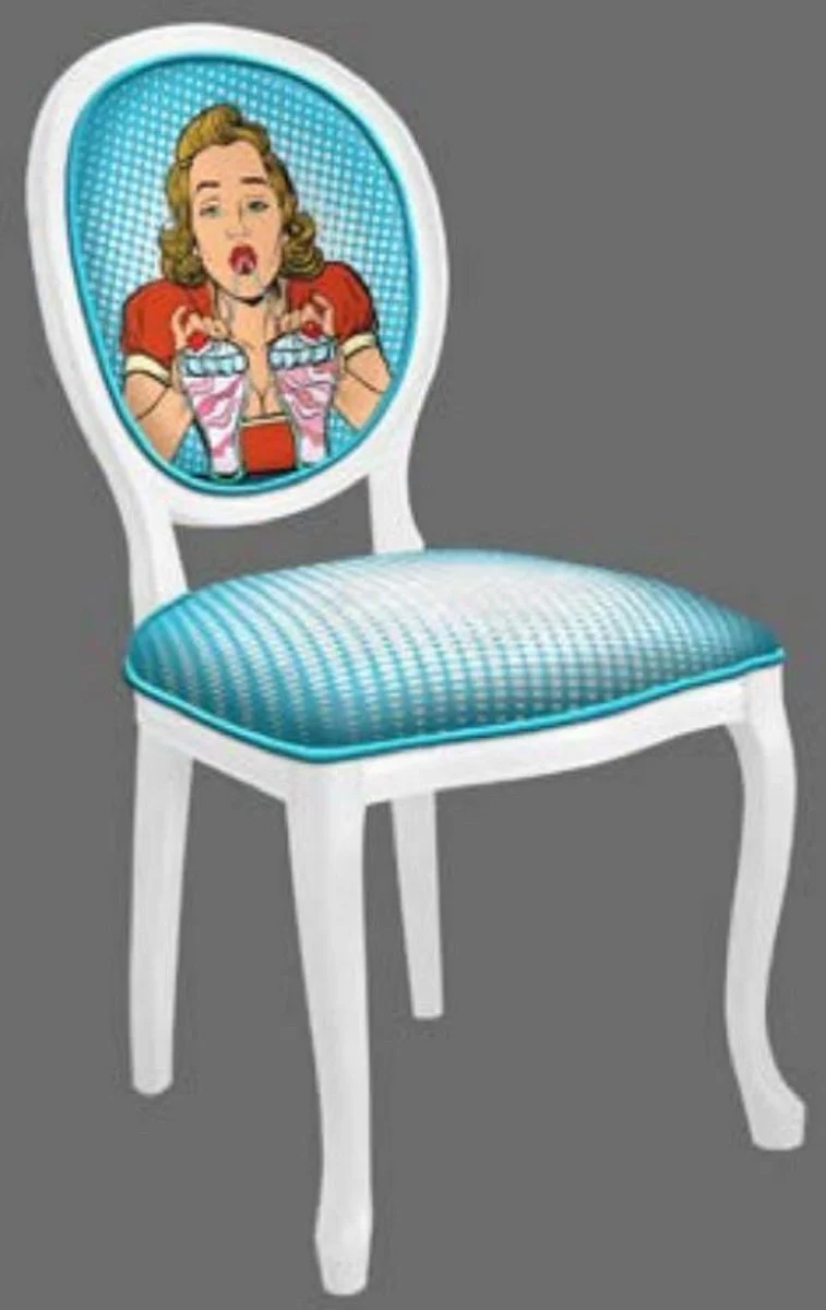 Baroque Dining Room Chair Set Blue / Multicolored / White - 6 Handmade Kitchen Chairs in Baroque Style - Baroque Dining Room Furniture