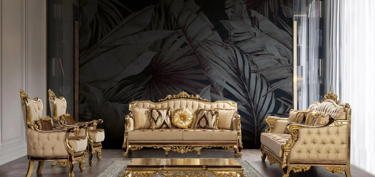 Luxury Baroque Living Room Set Beige / Brown / Gold - 2 Baroque Sofas with Pattern & 2 Baroque Armchairs with Pattern & 1 Baroque Coffee Table - Baroque Living Room Furniture
