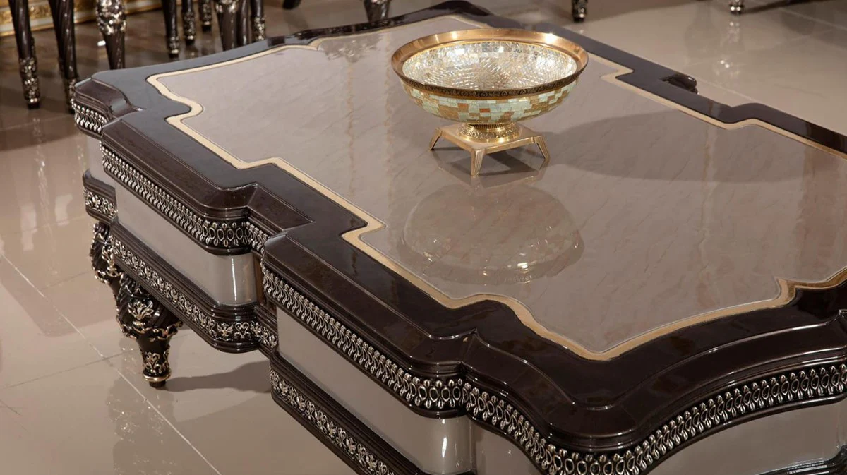 Luxury baroque coffee table gray / dark brown / gold - magnificent solid wood living room table in baroque style - baroque living room furniture - noble & magnificent