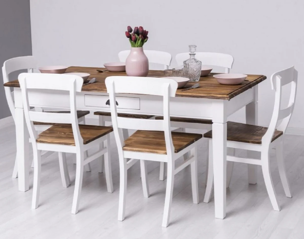 Country style dining room furniture set white / brown - 1 country style dining table & 6 country style dining room chairs - solid wood dining room furniture - country style dining room furniture