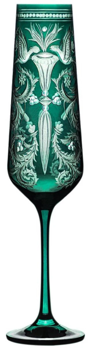 Luxury champagne glasses set of 6 green / silver Ø 6.5 x H. 26.5 cm - handmade and hand-engraved champagne glasses - hotel & restaurant accessories - luxury quality