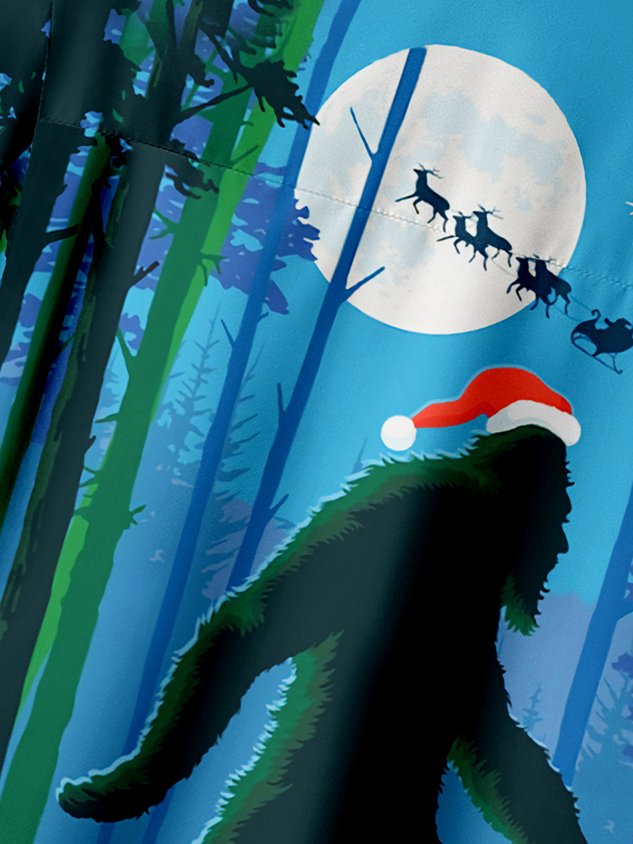 Christmas Big Foot Chest Pocket Short Sleeve Casual Shirt