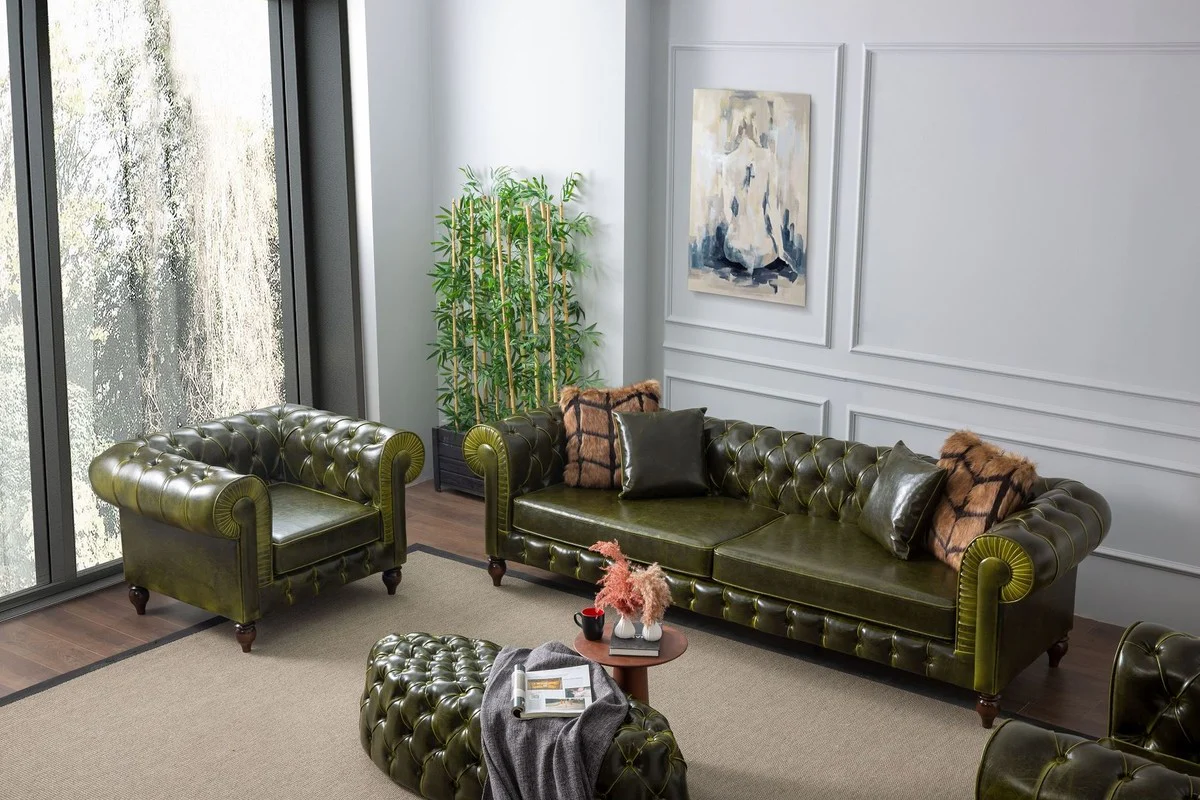 Luxury Chesterfield faux leather armchair green / dark brown 115 x 90 x H. 75 cm - living room sofa - living room furniture - luxury furniture - luxury living room furnishings - furniture luxury