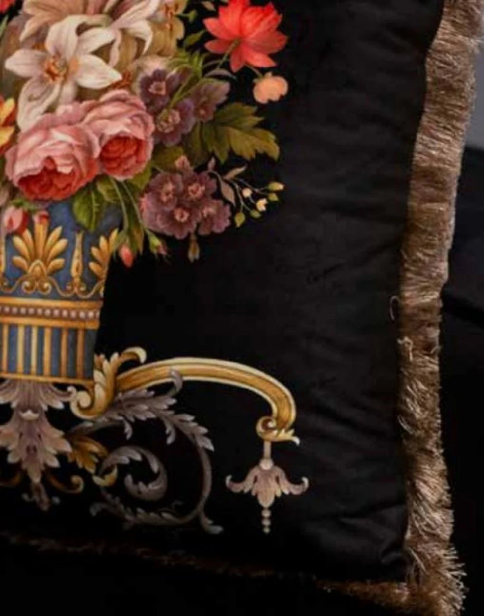 Luxury Baroque Velvet Cushion Vase with Flowers Black / Multicolored / Brown 45 x 45 cm - Printed Decorative Cushion with Fringes - Baroque Decorative Accessories