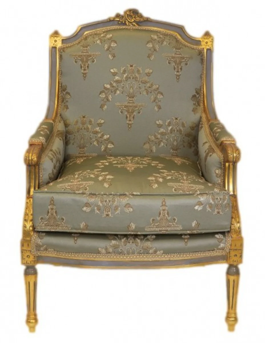 Baroque Lounge Throne Chair Empire Jade Green Pattern / Gold - Ear Armchair - Wing Chair Tron Chair