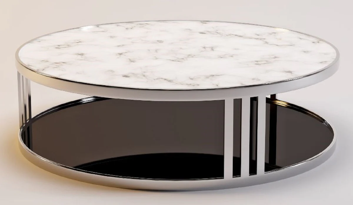 Luxury coffee table silver / white / black Ø 115 x H. 33 cm - Round living room table with marble top and tinted glass top - Luxury furniture